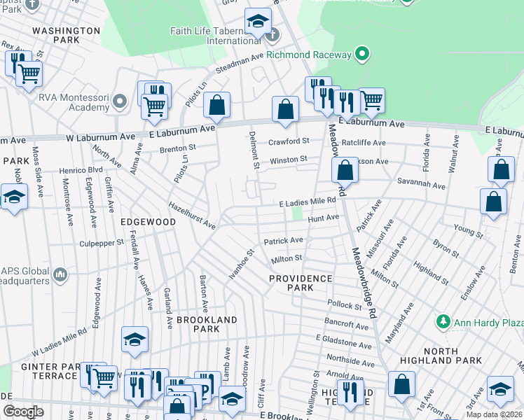 map of restaurants, bars, coffee shops, grocery stores, and more near 323 East Ladies Mile Road in Richmond