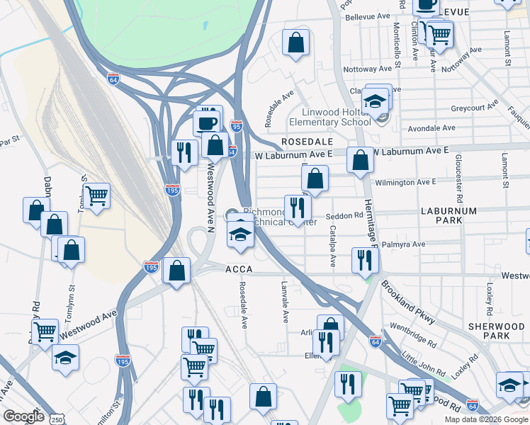 map of restaurants, bars, coffee shops, grocery stores, and more near 1931 Seddon Road in Richmond