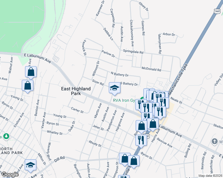 map of restaurants, bars, coffee shops, grocery stores, and more near 3916 Austin Avenue in Richmond