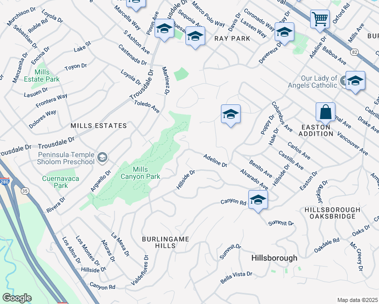 map of restaurants, bars, coffee shops, grocery stores, and more near 2855 Adeline Drive in Burlingame