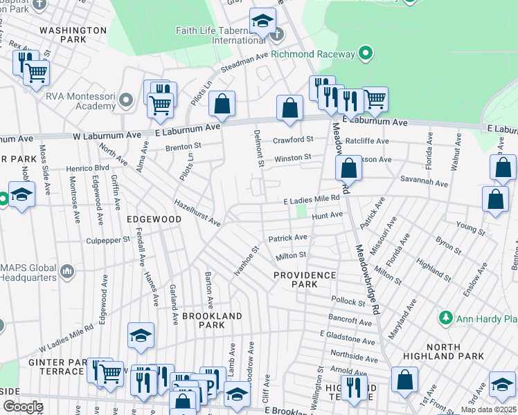 map of restaurants, bars, coffee shops, grocery stores, and more near 323 East Ladies Mile Road in Richmond