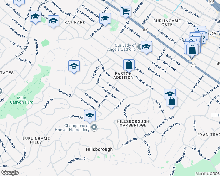 map of restaurants, bars, coffee shops, grocery stores, and more near 2404 Hillside Drive in Burlingame