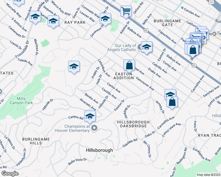 map of restaurants, bars, coffee shops, grocery stores, and more near 2404 Hillside Drive in Burlingame