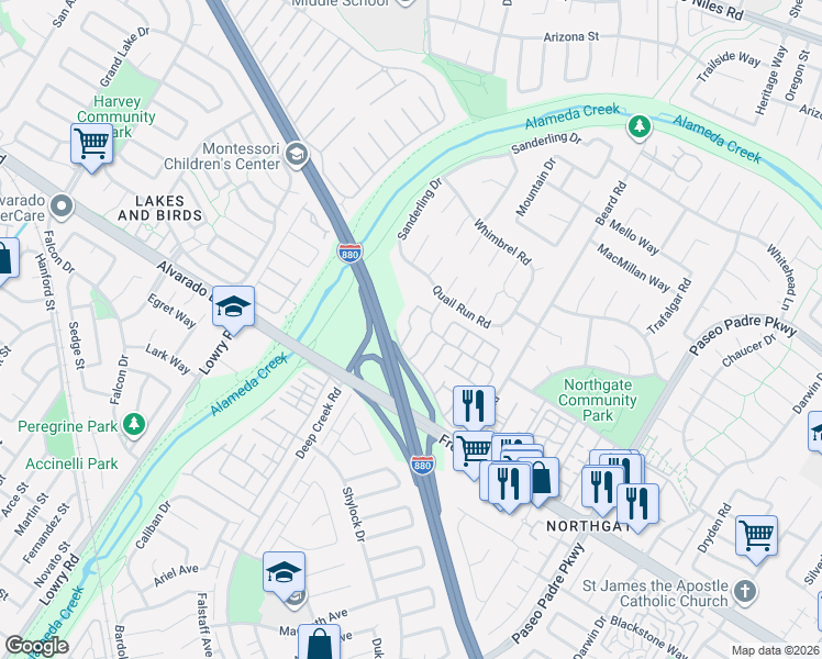 map of restaurants, bars, coffee shops, grocery stores, and more near 3759 Goldfinch Terrace in Fremont