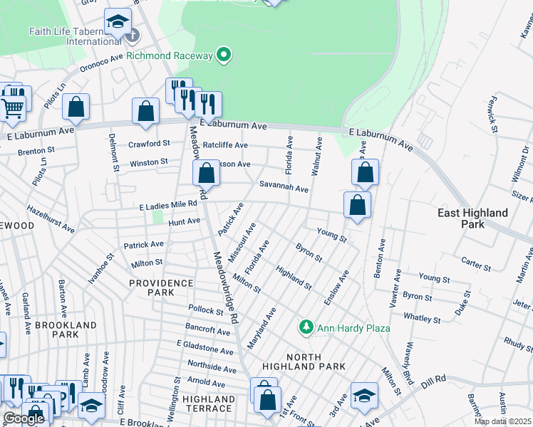 map of restaurants, bars, coffee shops, grocery stores, and more near 3607 Missouri Avenue in Richmond