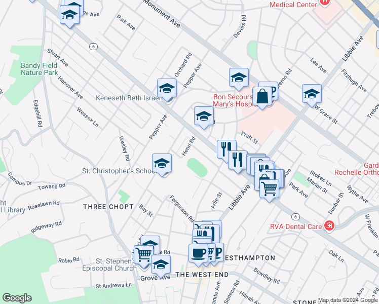map of restaurants, bars, coffee shops, grocery stores, and more near 809 Henri Road in Richmond