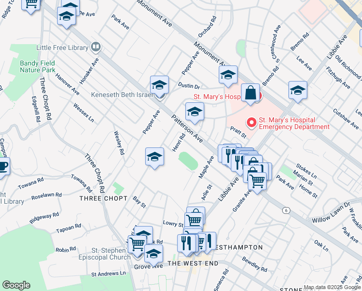 map of restaurants, bars, coffee shops, grocery stores, and more near 809 Henri Road in Richmond