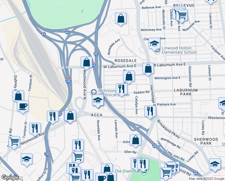 map of restaurants, bars, coffee shops, grocery stores, and more near 1918 Seddon Road in Richmond