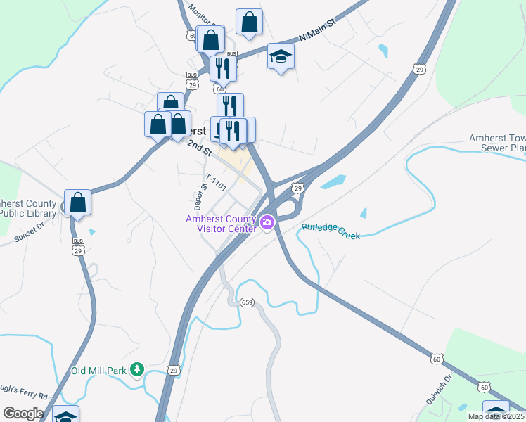 map of restaurants, bars, coffee shops, grocery stores, and more near U.S. 29 in Amherst