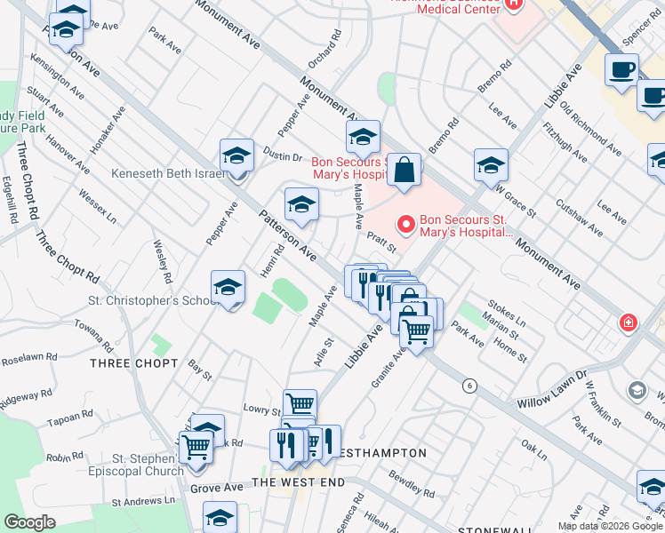 map of restaurants, bars, coffee shops, grocery stores, and more near 5900 Patterson Avenue in Richmond