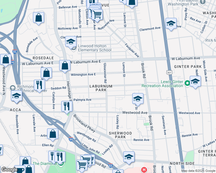 map of restaurants, bars, coffee shops, grocery stores, and more near 1409 Confederate Avenue in Richmond