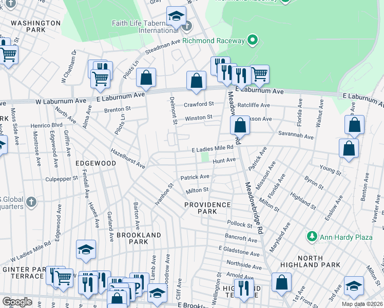 map of restaurants, bars, coffee shops, grocery stores, and more near 426 Hunt Avenue in Richmond