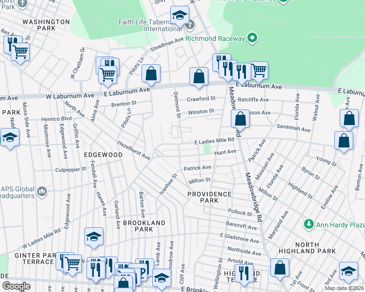 map of restaurants, bars, coffee shops, grocery stores, and more near 323 East Ladies Mile Road in Richmond