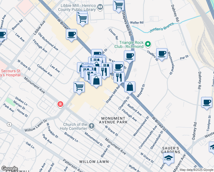 map of restaurants, bars, coffee shops, grocery stores, and more near 4914 Fitzhugh Avenue in Richmond