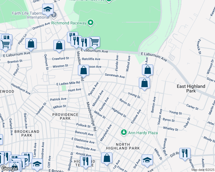 map of restaurants, bars, coffee shops, grocery stores, and more near 3607 Missouri Avenue in Richmond