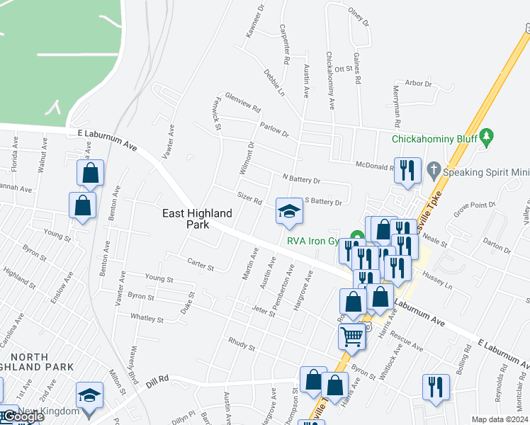map of restaurants, bars, coffee shops, grocery stores, and more near 3915 Arden Road in Richmond