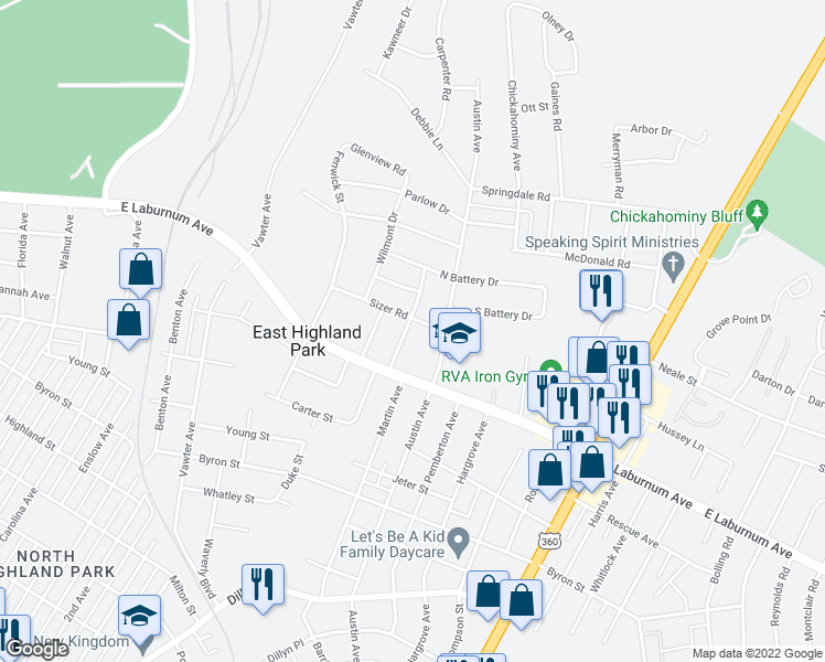 map of restaurants, bars, coffee shops, grocery stores, and more near 3913 Arden Road in Richmond