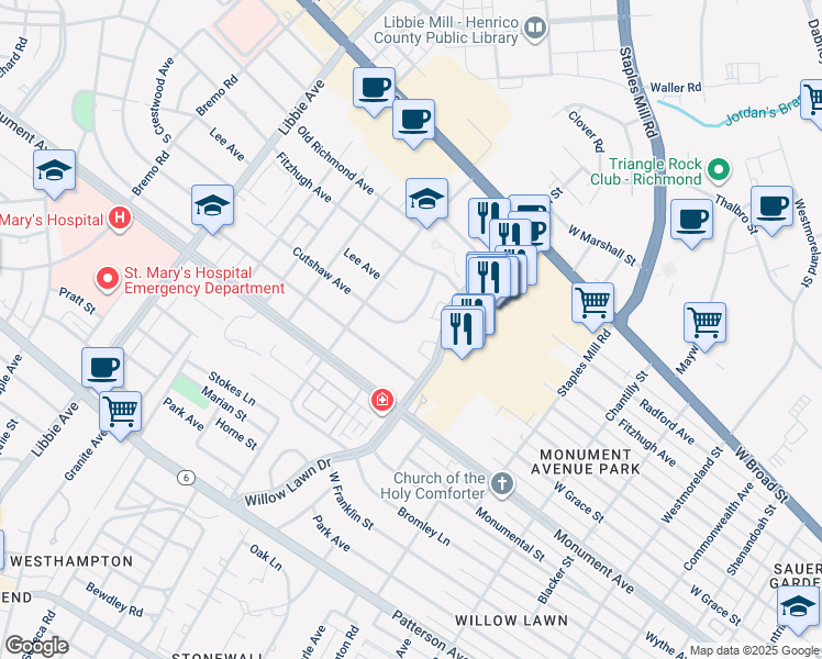 map of restaurants, bars, coffee shops, grocery stores, and more near 1505 Cutshaw Place in Richmond
