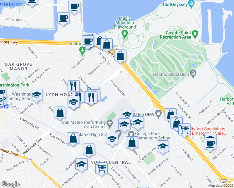 map of restaurants, bars, coffee shops, grocery stores, and more near 819 North Humboldt Street in San Mateo