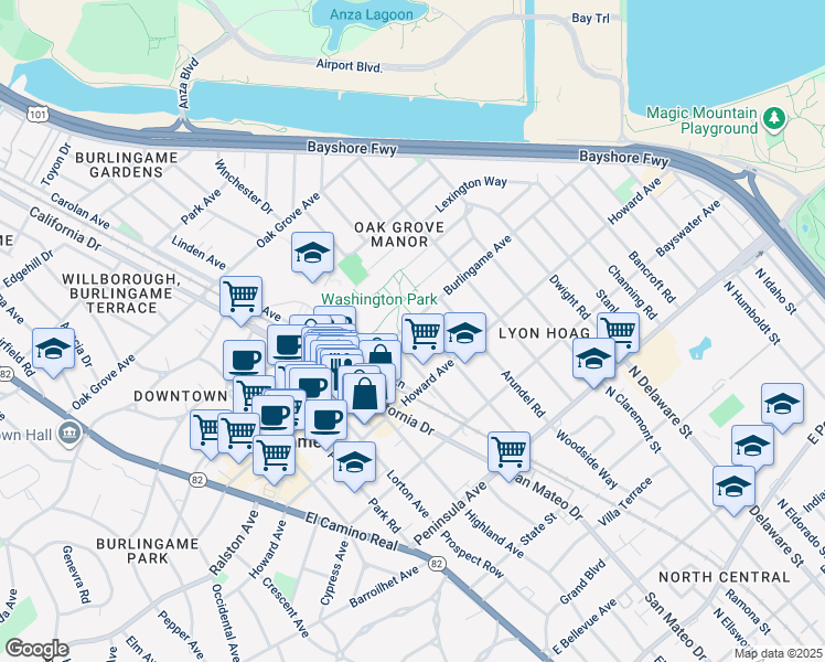 map of restaurants, bars, coffee shops, grocery stores, and more near 250 Myrtle Road in Burlingame