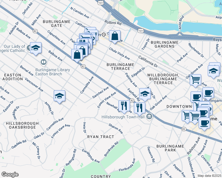 map of restaurants, bars, coffee shops, grocery stores, and more near 1500 Forest View Avenue in Burlingame