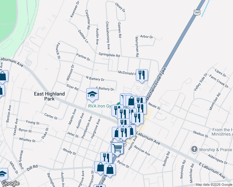 map of restaurants, bars, coffee shops, grocery stores, and more near 1929 South Battery Drive in Richmond
