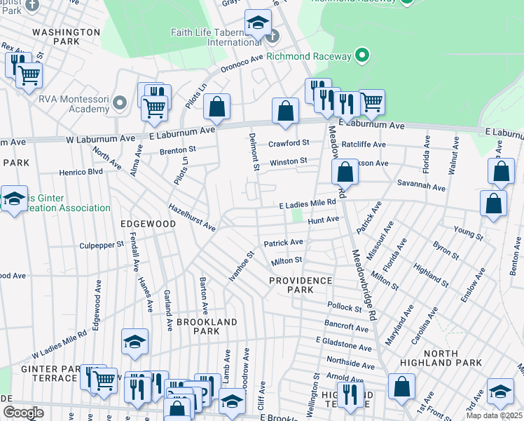 map of restaurants, bars, coffee shops, grocery stores, and more near 323 East Ladies Mile Road in Richmond