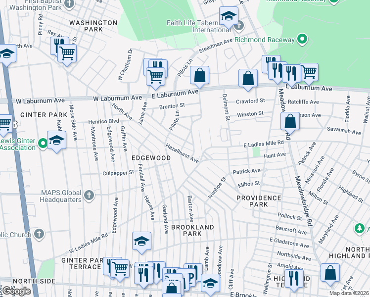 map of restaurants, bars, coffee shops, grocery stores, and more near 3407 Hazelhurst Avenue in Richmond