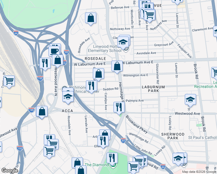 map of restaurants, bars, coffee shops, grocery stores, and more near 1801 Seddon Road in Richmond