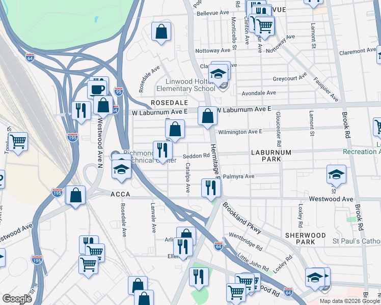 map of restaurants, bars, coffee shops, grocery stores, and more near 1801 Seddon Road in Richmond