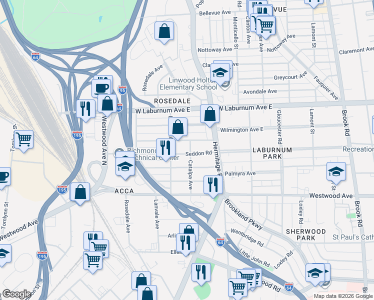 map of restaurants, bars, coffee shops, grocery stores, and more near 1801 Seddon Road in Richmond