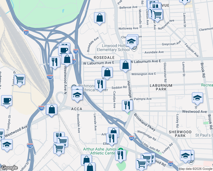 map of restaurants, bars, coffee shops, grocery stores, and more near 1901 Seddon Road in Richmond