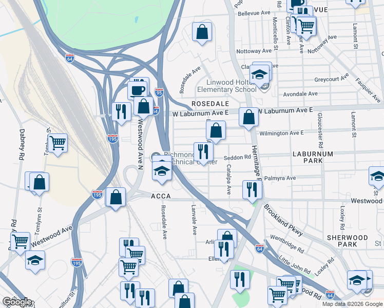 map of restaurants, bars, coffee shops, grocery stores, and more near 1917 Seddon Road in Richmond