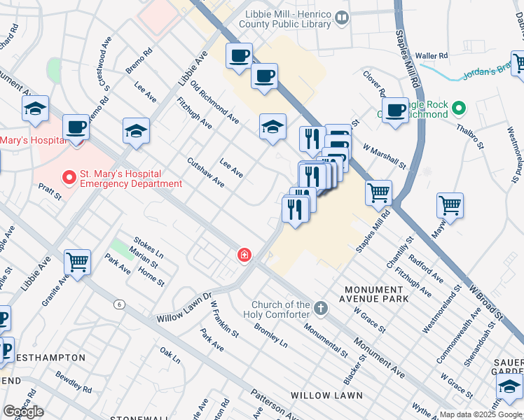 map of restaurants, bars, coffee shops, grocery stores, and more near 1505 Cutshaw Place in Richmond