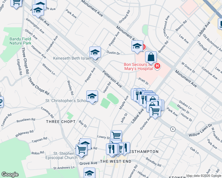 map of restaurants, bars, coffee shops, grocery stores, and more near 5919 Kensington Avenue in Richmond