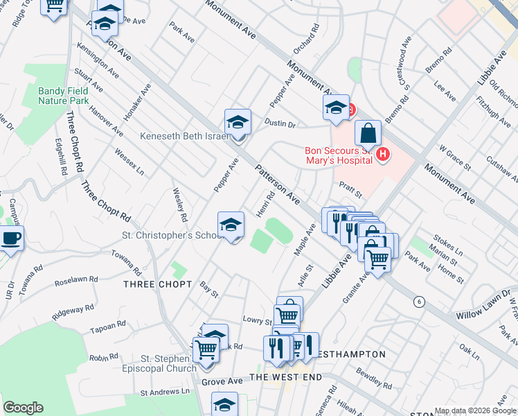 map of restaurants, bars, coffee shops, grocery stores, and more near 802 Henri Road in Richmond