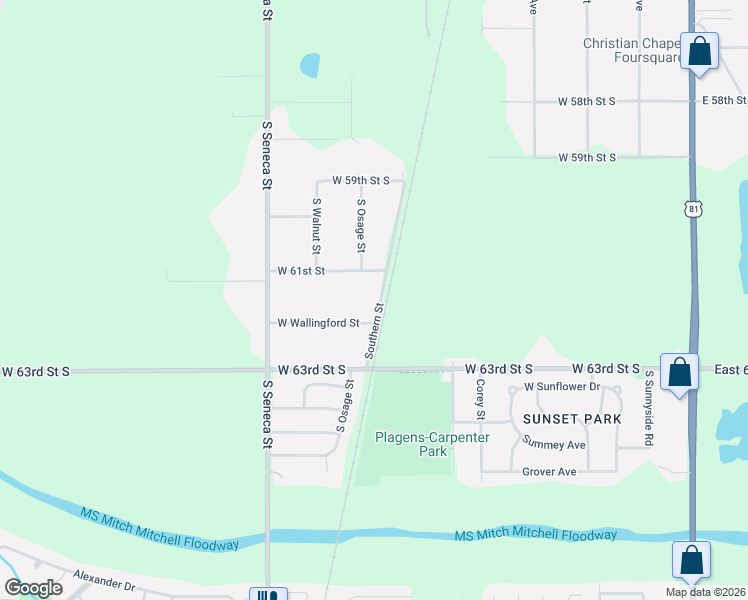 map of restaurants, bars, coffee shops, grocery stores, and more near 6148-6270 Southern St in Wichita