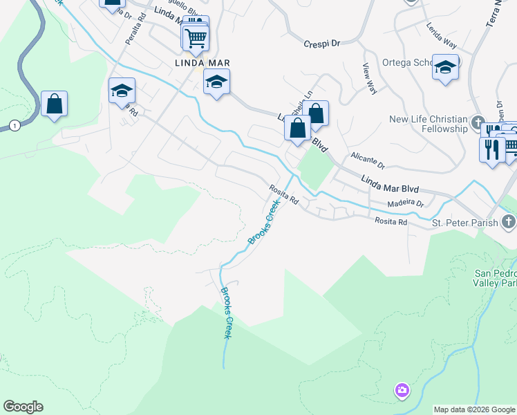 map of restaurants, bars, coffee shops, grocery stores, and more near 1283 Galvez Drive in Pacifica