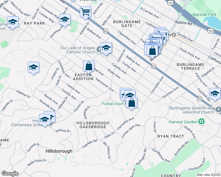 map of restaurants, bars, coffee shops, grocery stores, and more near 1250 Jackling Drive in Hillsborough