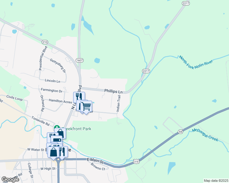 map of restaurants, bars, coffee shops, grocery stores, and more near 160 Phillips Lane in Hodgenville