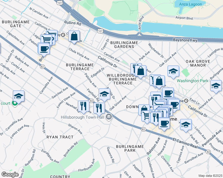 map of restaurants, bars, coffee shops, grocery stores, and more near 1309 Palm Drive in Burlingame