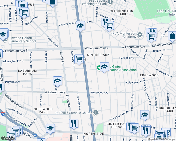 map of restaurants, bars, coffee shops, grocery stores, and more near 3511 Chamberlayne Avenue in Richmond