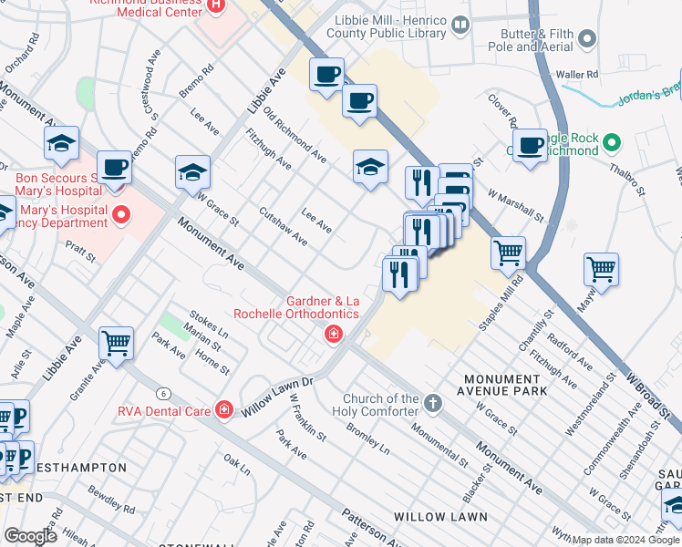 map of restaurants, bars, coffee shops, grocery stores, and more near 1503 Cutshaw Place in Richmond