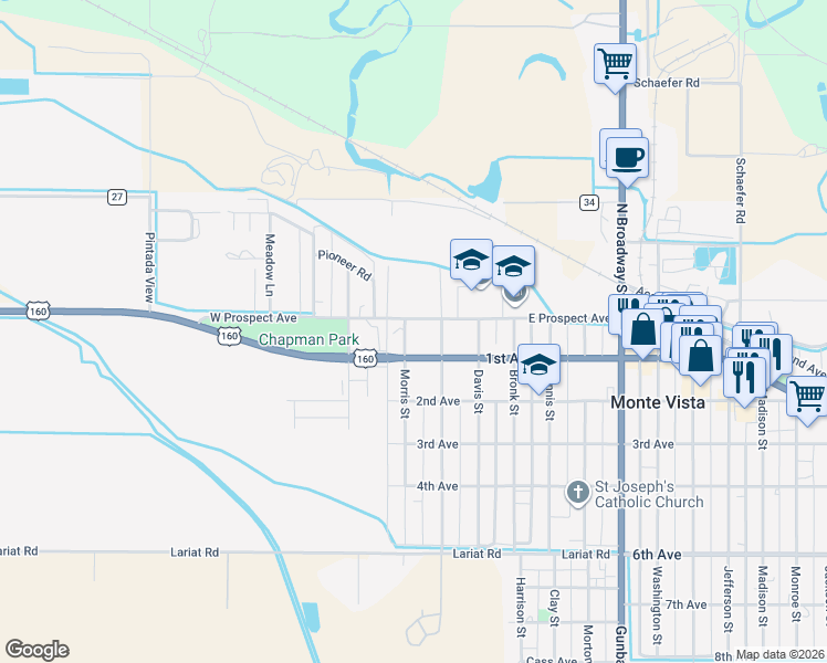 map of restaurants, bars, coffee shops, grocery stores, and more near 33 Morris Street in Monte Vista