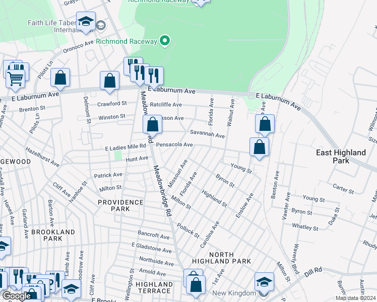 map of restaurants, bars, coffee shops, grocery stores, and more near 3528 Missouri Avenue in Richmond