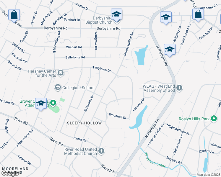 map of restaurants, bars, coffee shops, grocery stores, and more near 8657 Riverwood Drive in Henrico