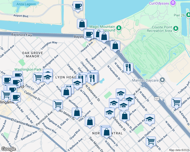 map of restaurants, bars, coffee shops, grocery stores, and more near 902 Peninsula Avenue in San Mateo