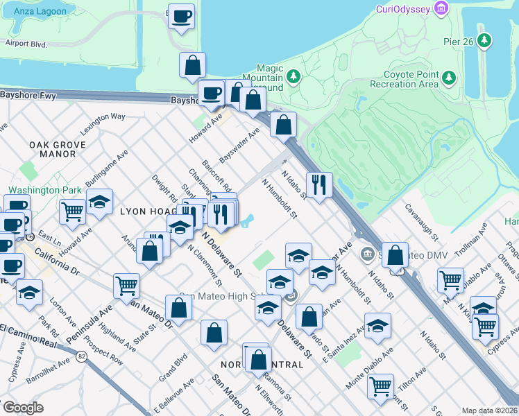 map of restaurants, bars, coffee shops, grocery stores, and more near 835 North Humboldt Street in San Mateo