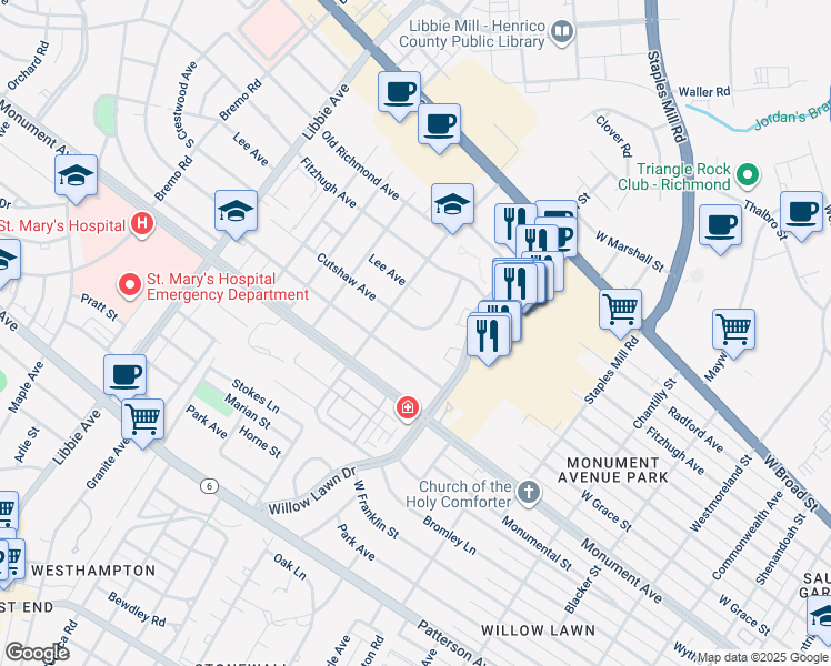 map of restaurants, bars, coffee shops, grocery stores, and more near 1503 Cutshaw Place in Richmond