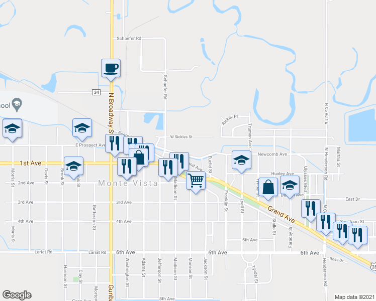 map of restaurants, bars, coffee shops, grocery stores, and more near 1139 Acequia Drive in Monte Vista